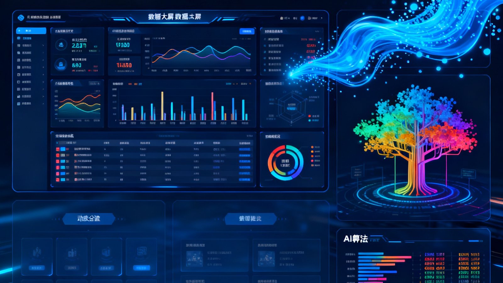 DS视讯技术团队发布星云播控平台3.0版本的宣传图，画面展示数据大屏界面和AI算法可视化效果。