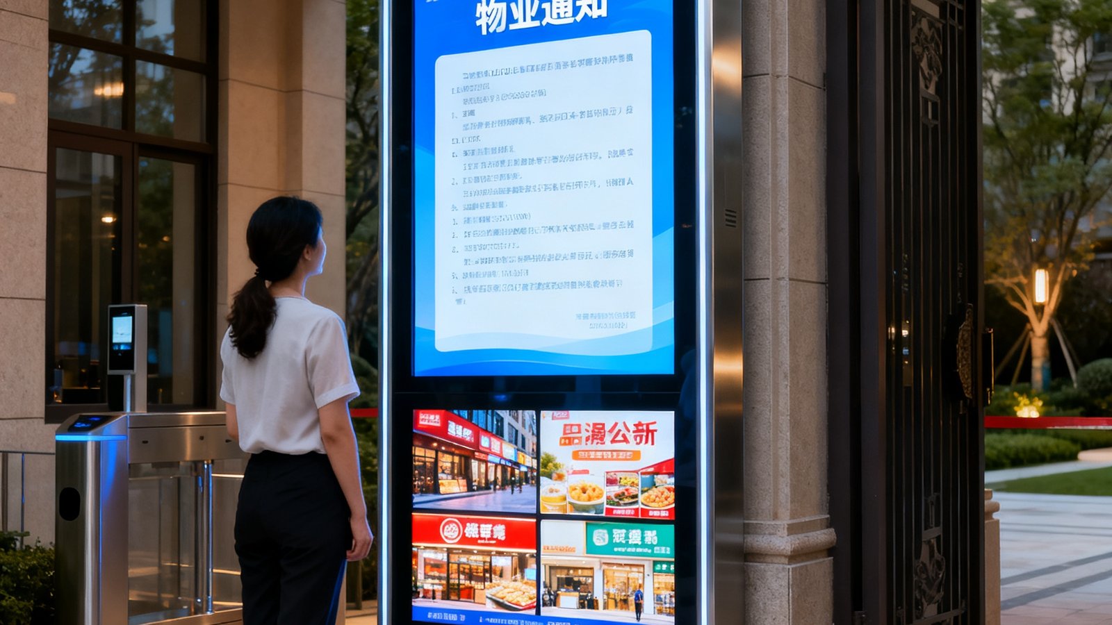 中高端住宅社区主入口的DS视讯社区公告屏，屏幕上半部分显示物业通知，下半部分轮播周边商户广告，居民进出时自然驻足观看。