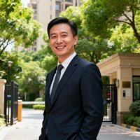 万科物业合作负责人陈总的半身照，她站在社区入口处，身后是绿树成荫的小区环境，笑容亲切。